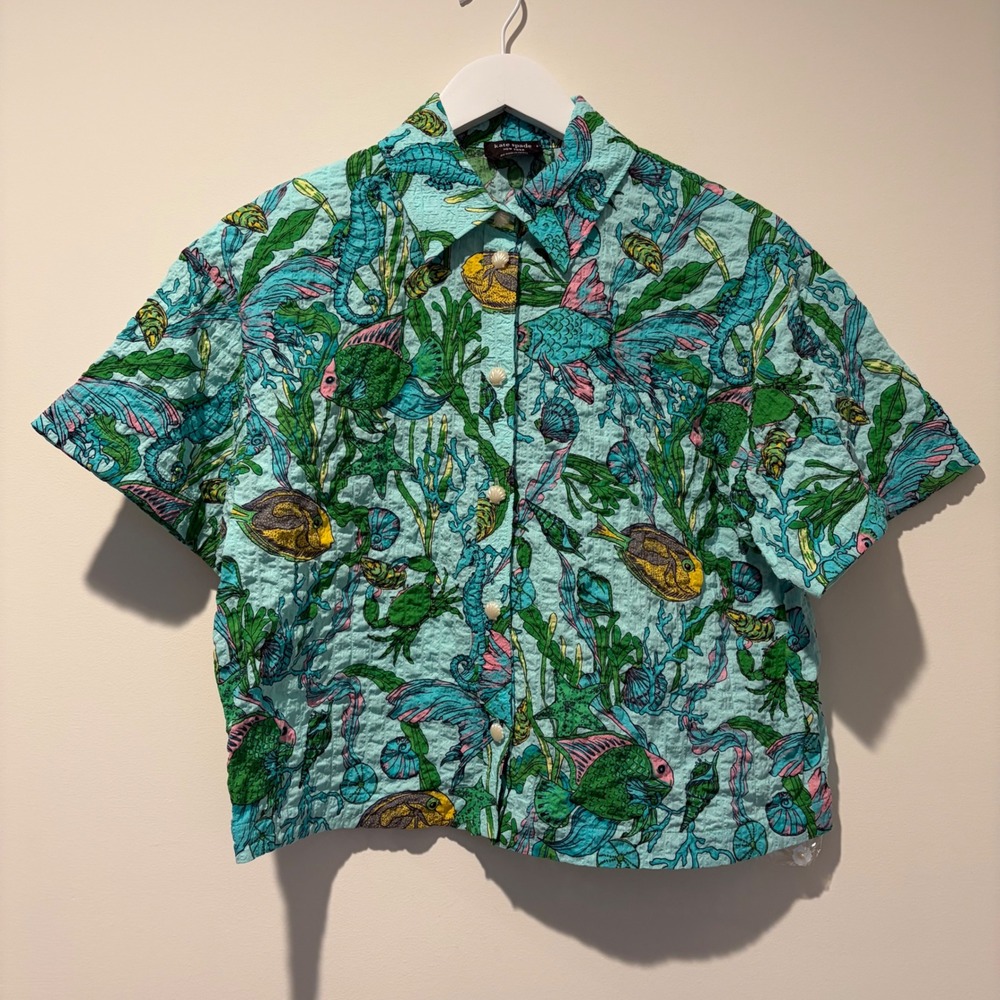 Kate Spade New York Underwater Print Seersucker Cropped Shirt XS Shell Buttons